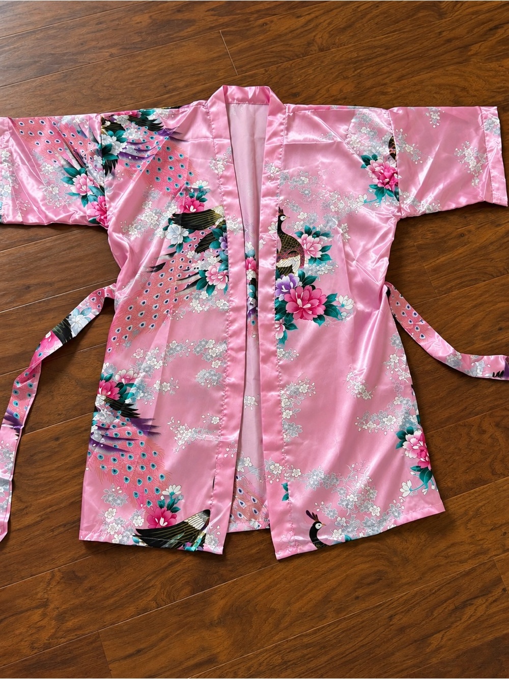 Pink Satin Floral Peacock Kimono Robe